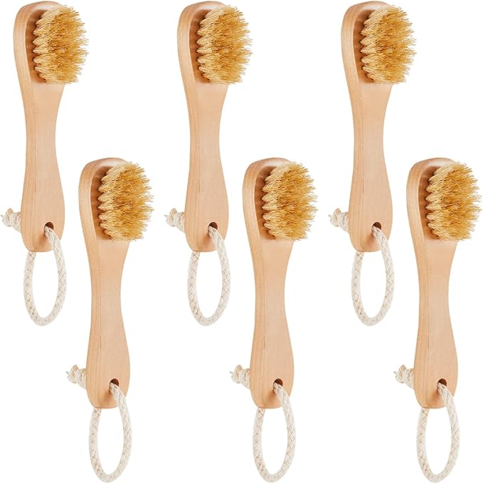 Nuanchu 6 Pcs Wooden Face Cleaning Brush Facial Exfoliator Brush Dry Scrubber Natural Bristles for Face Care Scrubber Exfoliator Wood Handle Facial Cleanser Tool to Unclog Pore