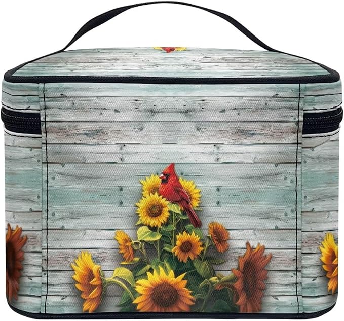 Cardinal Bird and Sunflower Print Travel Makeup Bags for Women Portable Tote Cosmetic Case with Carry Handle Toiletry Accessories Storage Organizer Bags