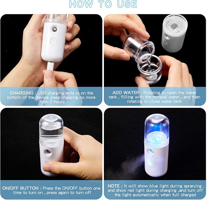 Honoson 2 Nano Facial Mister Sprayer Portable Face Nano Mister for Eyelash Extensions USB Rechargeable 1 oz Handy Skin Care Machine for Face Hydrating, Daily Makeup(White)