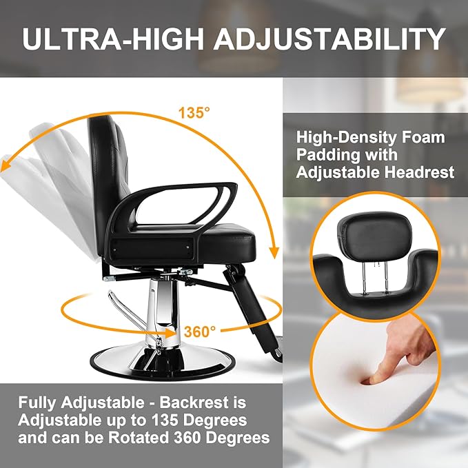 Salon Chair for Hair Stylist, 360 Degree Rotating Barber Chair with Heavy Duty Hydraulic Pump, Spa Beauty Equipment for Hair Stylists, Tattoo Artists, Cosmetologists (Black)