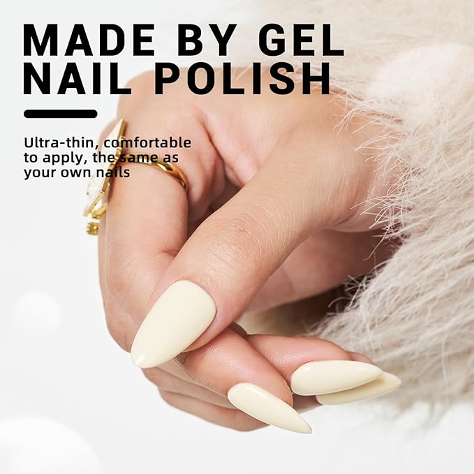 WOOYAS Press on Nails Medium - Creme Light Yellow Almond Fake Nails Solid Color Glossy False Fingernails in 15 Sizes, Long Stick on Nails for Women - 24Pcs