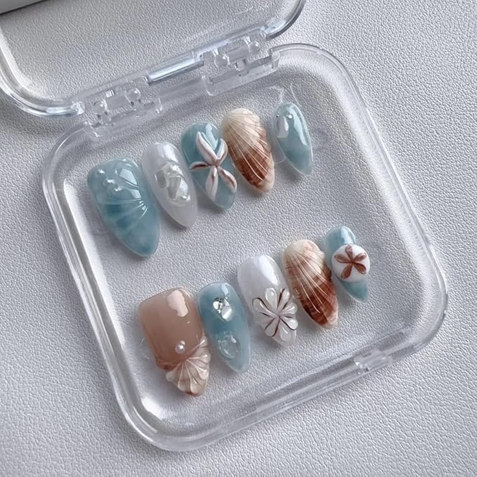 30Pcs Summer Press on Nails Medium Almond Fake Nails with 3D Pearl Ice Flower Shell Design White French Tip Acrylic False Nails Spring Floral Blue Ombre Full Cover Stick on Nails for Women