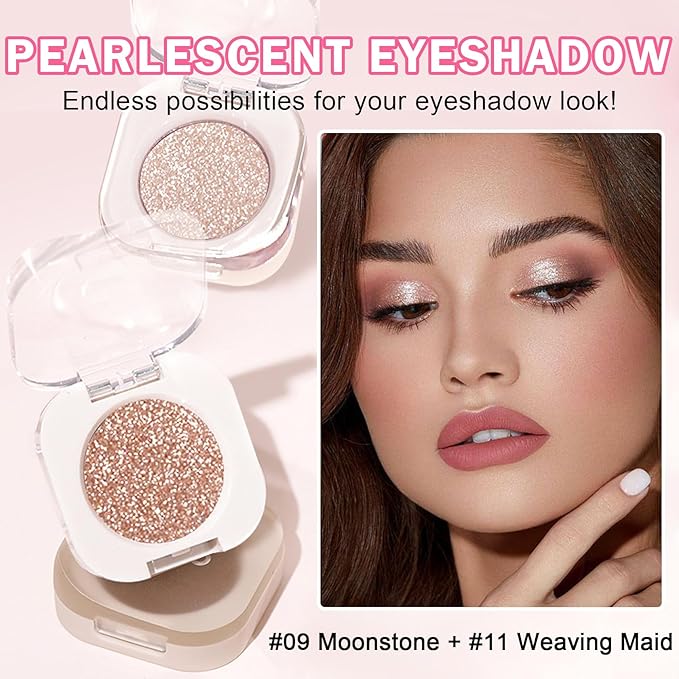 Glitter Champagne Glow Single Eyeshadow,Ultra Fine Shimmer Eyeshadow Lightweight Sparkling Blendable Formula,Daily Multiuse Glossy Eyes Makeup (09 Moonstone + 11 Weaving Maid)
