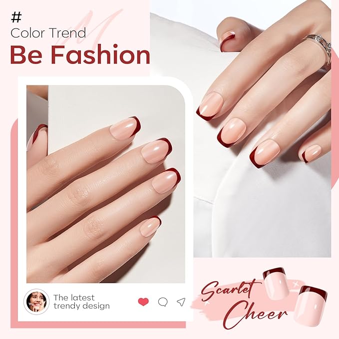 Modelones Press on Nails, Red Chrome French Short Square Fake Nails, Deep Pink Reusable Nail Kit with Nail Glue Adhesive Tabs Mini Nail File, Nails Press Ons 32Pcs16 Sizes, Christmas