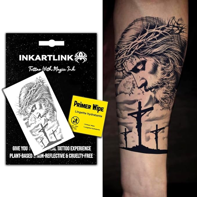 INKARTLINK Semi Permanent Tattoo, party tattoo, beautiful and realistic design, fun tattoo experience, cruelty-free, non-reflective, waterproof (Jesus 2)