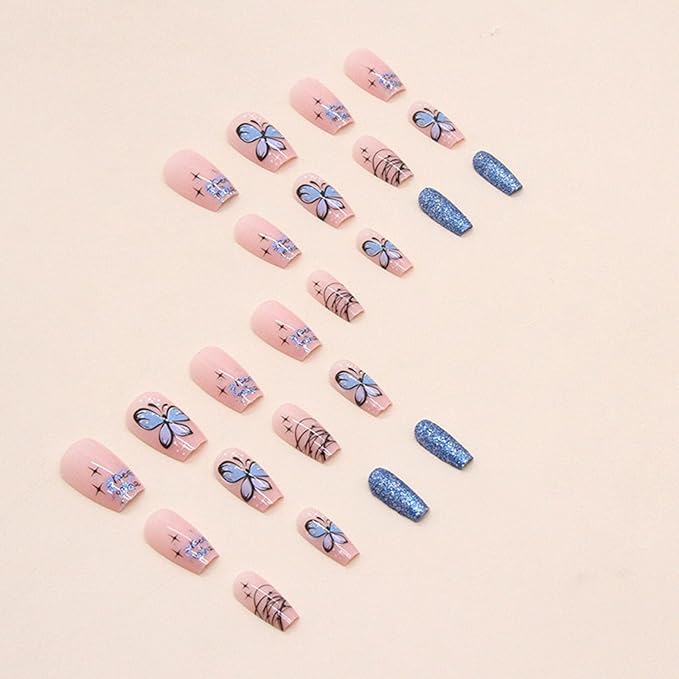 Spring Press on Nails Short Coffin Fake Nails with Butterfly Designs Blue Glitter Nails Press ons Glossy Glue on Nails Nude Acrylic Nails Cute False Nails Summer Stick on Nails for Women 24Pcs