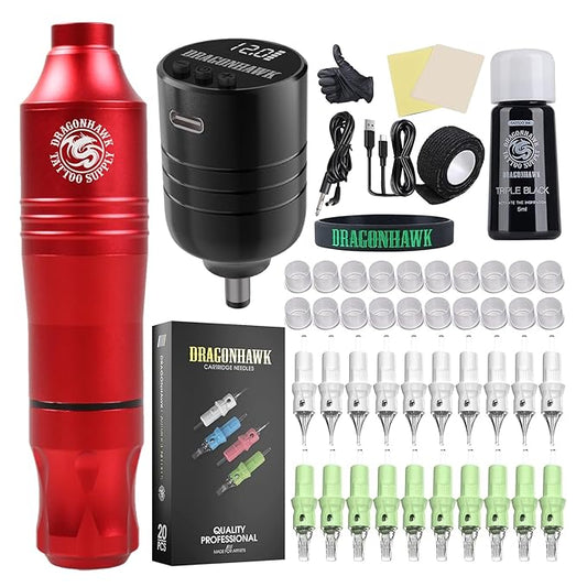 Dragonhawk Wireless Cartridge Tattoo Machine Kit Complete Tattoo Gun Kit Pen Rotary Tattoo Machine Pro Tattoo Needles Beginner Tattoo Kit Red