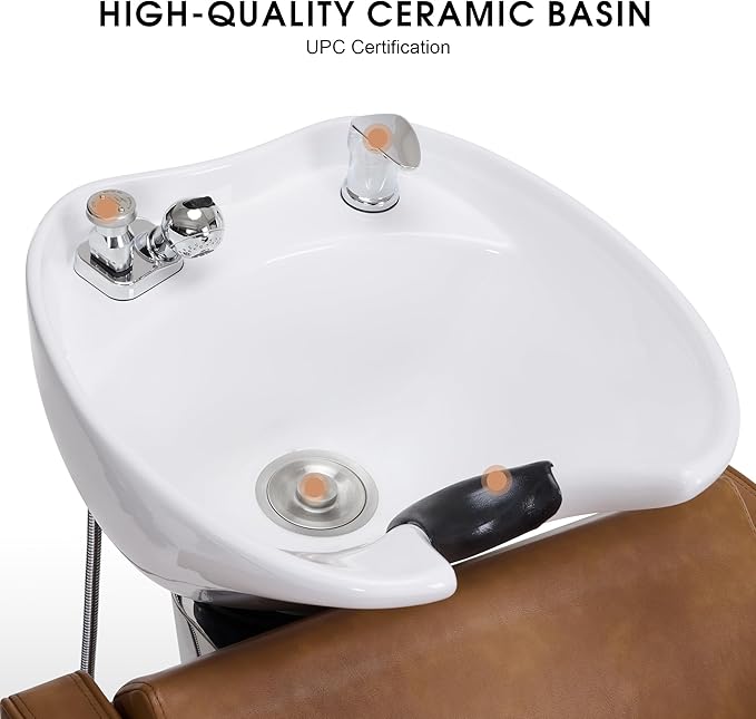 BarberPub Backwash Shampoo Station Chair, Adjustable Porcelain Ceramic Hair Wash Bowl Sink Unit Station, Reclining Shampoo Station Chair for Spa Beauty Salon Hair Salon Equipment 9303 (Brown)
