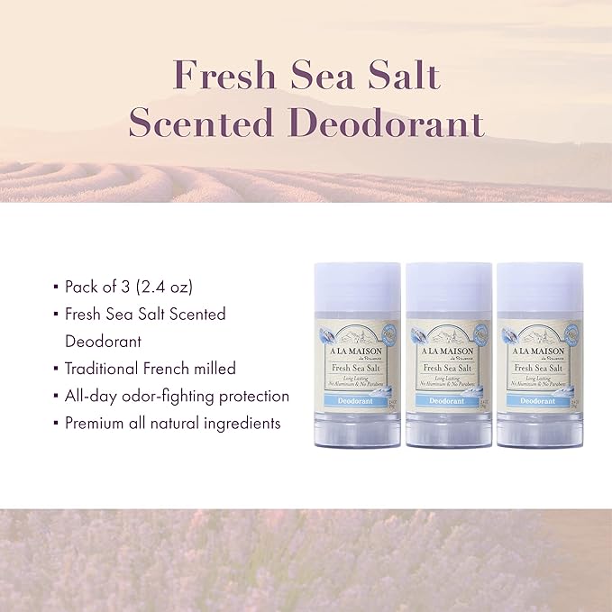 A La Maison Fresh Sea Salt Aluminum Free Deodorant for Women and Men - Natural Deodorant (3 Stick Bulk Pack)