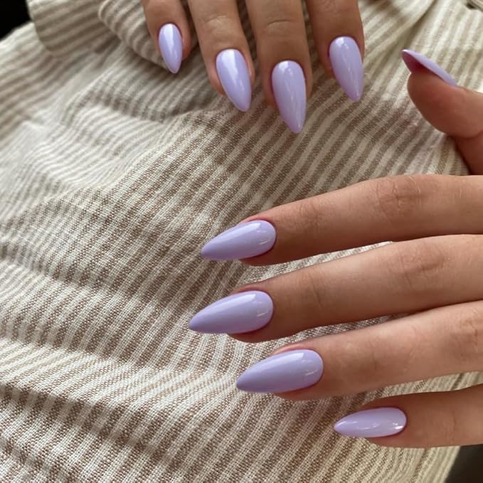 48Pcs Lilac Press on Nails Almond Fake Nails Glue on Nails Medium Length Almond Shaped Nails Press ons, Stiletto Nails False Nails for Women, Medium Almond Nails, Thick Natural Acrylic Gel Nails