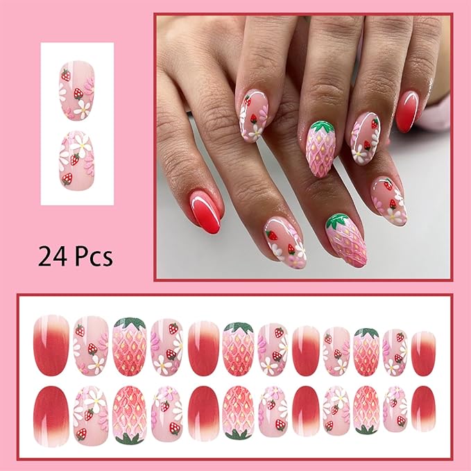 24pcs Flower Press on Nails Short Almond Fake Nails with 3D Strawberry Designs Cute Summer Fruit False Nails Kit Floral Stick on Nails Full Cover Acrylic Nails Glue on Nails for Women