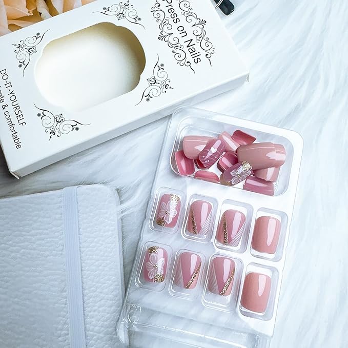 24Pcs French Tip Press on Nails Short Square Fake Nails with Gold Glitter Designs White Flower False Nails Reusable Spring Acrylic Nails Press on Full Cover Solid Color Glue on Nails for Women Nails