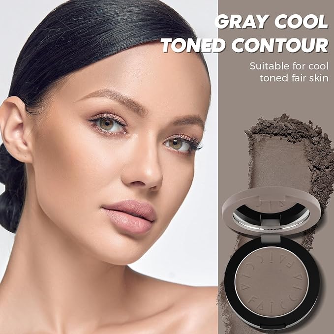 Cool Toned Contour Palette with 2 IN 1 Nose Contouring Brush & Mirror, 【Delicate Texture】【Multi-Purposes & Buildable】【Long Lasting】, Grey Contour Powder Suitable for Cool Toned Fair Skin