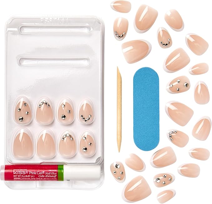 KISS Classy Nails Premium, Press-On Nails, Nail glue included, 'Prevailing', Light White, Short Size, Almond Shape, Includes 30 Nails, 2G Glue, 1 Manicure Stick, 1 Mini File