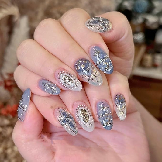 30Pcs Medium Almond Press on Nails Nude Blue Fake Nails 3D Gold Chrome Flower Star Moon False Nails Glitter Full Cover Glue on Nails Baroque Style Artificial Nails Luxury Stick on Nails for Women