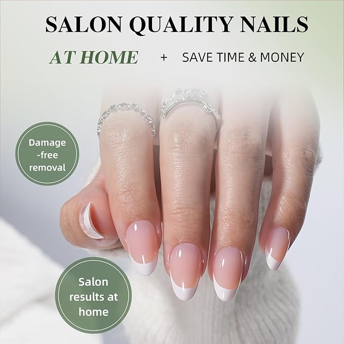 White French Tip Press On Nails - White Short Almond Fake Nails, French Tip Press On Nails Reusable Stick On Nails in 16 Sizes, 32pcs False Nail Kit for Women & Girls