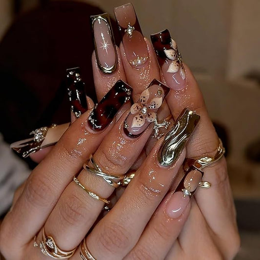 Long Press on Nails Square Fake Nails French Tip False Nails with Flowers Designs Artificial Nails Brown Stick on Nails for Women 24pcs