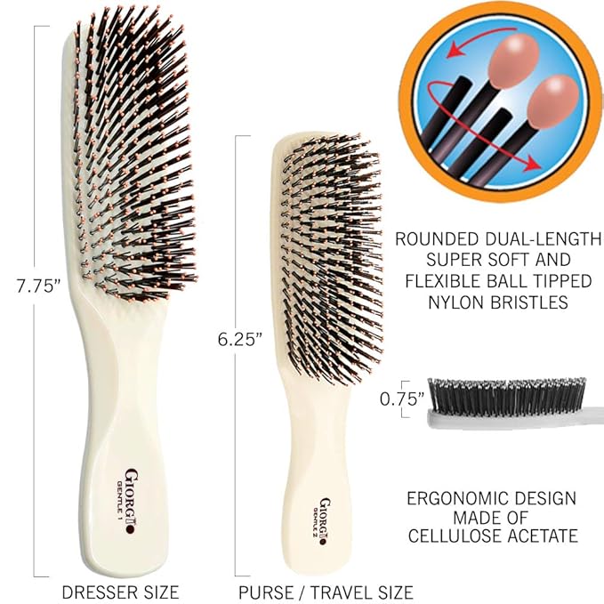Giorgio Gentle Detangler Hair Brush - Dual Length Bristles, Scalp Massager and Travel Brush for Fine to Thick Hair, Wet or Dry