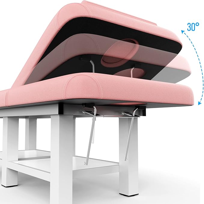 Physical Therapy Table Stationary Massage Table, 75”L 31.5''W Heavy Duty Height Adjustable Esthetician Bed w/Facial Cradle, 800LBS Metal Frame PU Leather Spa Lash Bed Professional Equipment (Pink)
