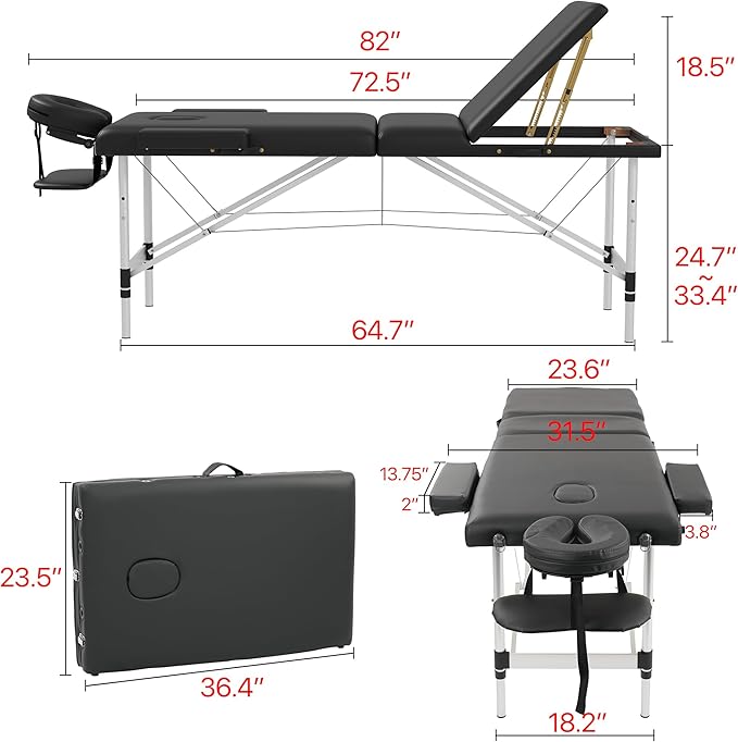Massage Table Massage Bed, Portable 3 Section Foldable Tattoo Bed, Height Adjustable Lash Spa Bed with Face Cradle, Home Light Weight Facial Salon Bed with Aluminum Frame, Black