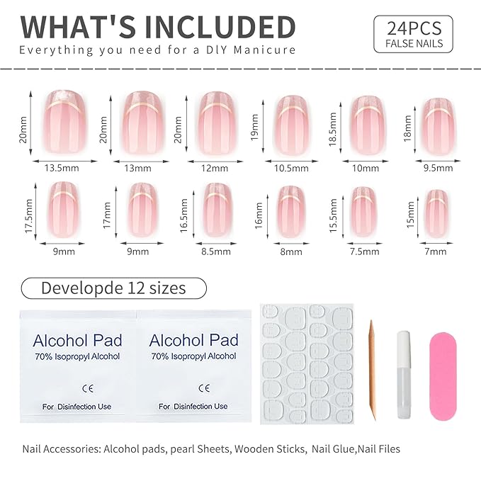 Short Almond Press On Nails Nude Glitter French Tips with Gold Outline, Glossy Acrylic Fake Nails, Reusable Stick On Nails Kit with Glue for Women, Elegant Shimmery Manicure Set