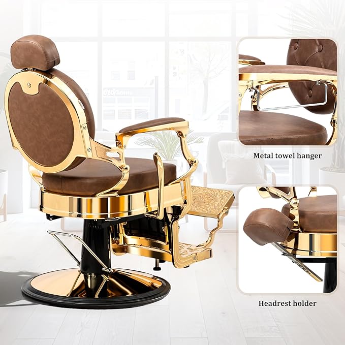 OmySalon Retro Barber Chair Heavy Duty, Aluminum Alloy Frame, Adjustable Headrest, Extra Wide Footrest, Hydraulic Salon Chair for Hair Stylist Reclining All Purpose for Beauty Spa Shampoo, Brown Gold