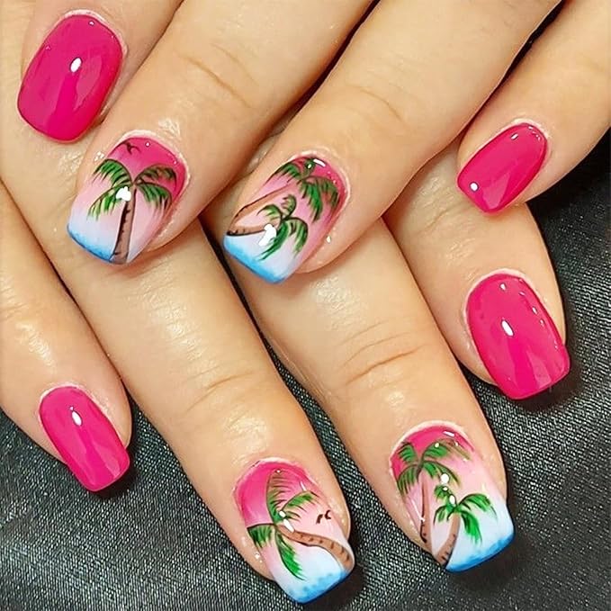 24pcs Summer Press on Nails Short Pink Fake Nails Square Nail Tips Coconut Tree Glue on Nails Gradient False Nails Beach Nail Design Full Cover Acrylic Nails Stick on Nails for Women Nail Decoration