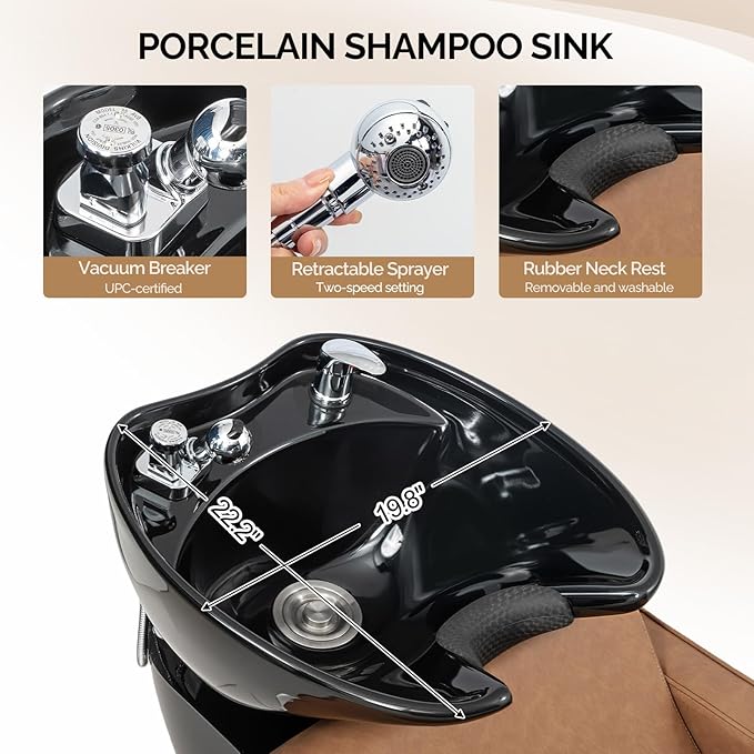 OmySalon Backwash Shampoo Unit for Salon, Hair Washing Station with Ceramic Bowl Adjustable Footrest, Reclining Shampoo Chair for Beauty Spa Barbershop