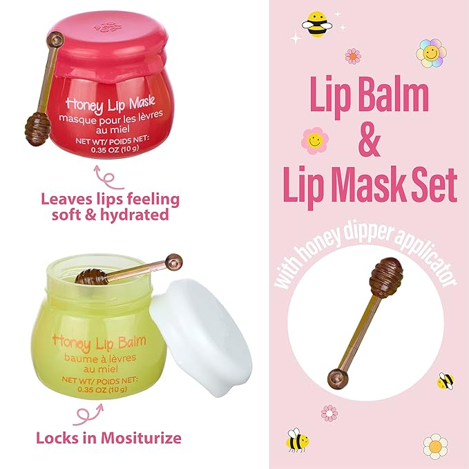 2pc Honey Lip Balm & Lip Mask Set -Simply Sweet Real Honey Jar w/Dipper Applicator Sticks | Safe and Non-Toxic Lip Gloss Gift Set For Girls