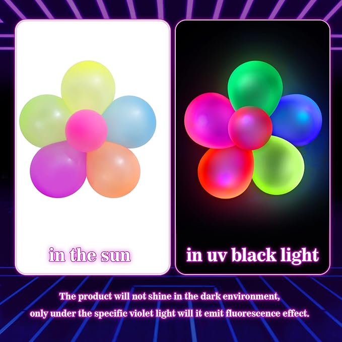 120 Pcs UV Neon Balloons, 7 Colors Blacklight Reactive Fluorescent Balloons Glow in the Dark Birthday Decorations for Birthday, Wedding, Neon Party, Glow Party Decorations Supplies