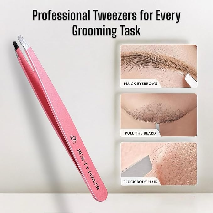 Professional Tweezers in Case - Slant, Durable Lightweight German Stainless Steel, Ultra Precision Tweezers for Eyebrows, Facial Hair, Chin, and Ingrown Hair Removal - Gift (Pink)