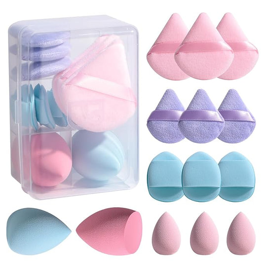 Makeup Sponge Set BS-MALLTriangle Puff 14 Pcs for Liquid, Cream, and Powder, Multi-colored Makeup Sponges and Mini Makeup Sponge (F-PinkBlue)