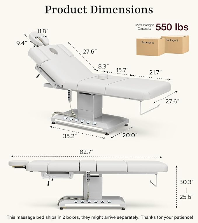 Icoget Professional Full Electric Spa Massage Treatment Table, Medical Bed with Independent Leg Adjustment, Facial Bed with Face Cradle for Beauty, White
