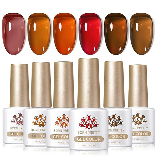 Born Pretty Fall Winter Jelly Gel Nail Polish Amber Crystal Transparent Brown Orange Red Blooming Marble Effects Gel Polish Nail Art Manicure DIY at Home and Salon 6PCS 7ML