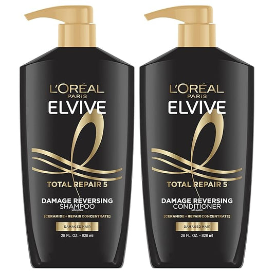L'Oreal Paris Elvive Total Repair 5 Repairing Shampoo and Conditioner for Damaged Hair, 28 Ounce (Set of 2)(Packaging May Vary)