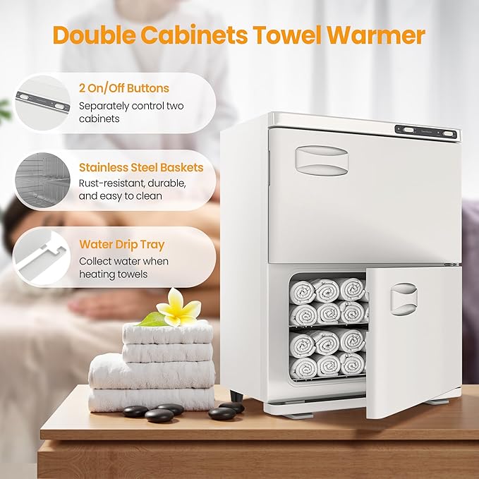 Hot Towel Warmer SalonDepot 46L Large Capacity Spa Towel Warmer with Double Cabinets for Salon, Barber Shop, Massage & Facial (White)
