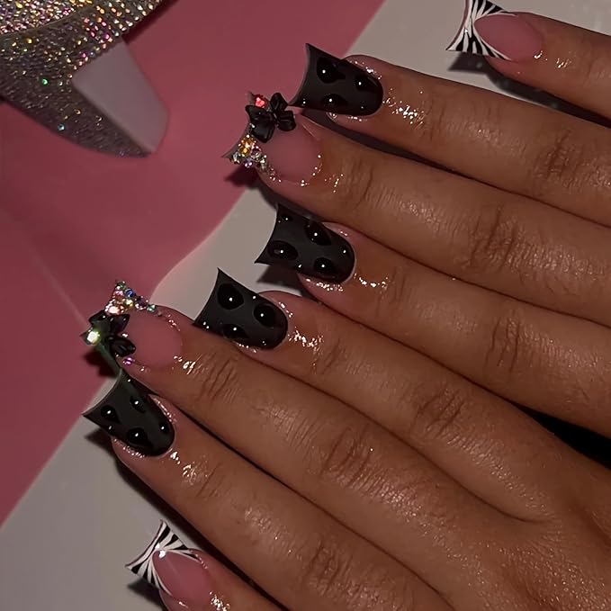BABALAL Duck Nails Press on Black Fake Nails French Tip Glue on Nails 3D Texture Handmade Design Goth Acrylic Nails Bow Charm Stick on Nails 24Pcs Manicure Glossy Duck Bill False Nails