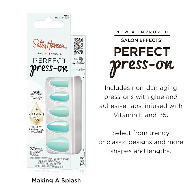 Sally Hansen Salon Effects Perfect Press-On Nails | Almond Shape | Easy to Apply, Non-Damaging | 30 Nails, Nail Glue, Adhesive Tabs, File | Making A Splash