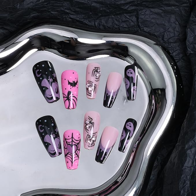 24Pcs Halloween Press on Nails Medium Square Fake Nails with Spiders Rhinestone Design French Tip Glue on Nails Cute Ghost False Nails Full Cover Pink Black Gothic Halloween Acrylic Nails for Women