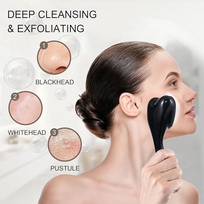 Silicone Face Scrubber Exfoliating Brush, Beomeen 2 Pack Manual Handheld Facial Cleansing Brush Blackhead Scrubber, Soft Bristles Waterproof for Face Skincare (Black,Heart)