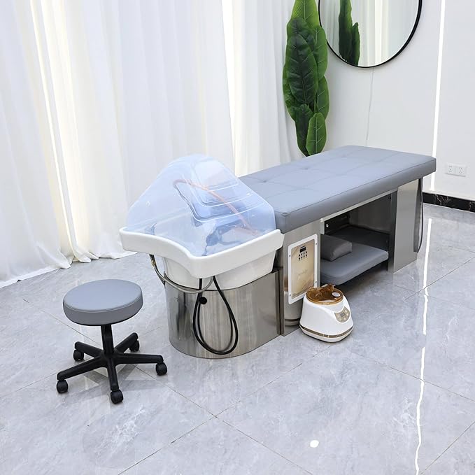 TATARTIST Head Spa Bed with Fumigation Head Therapy Shampoo Bed Water Circulation Massage Shampoo Backwash Unit Spa Hair Salon Equipment (Grey)