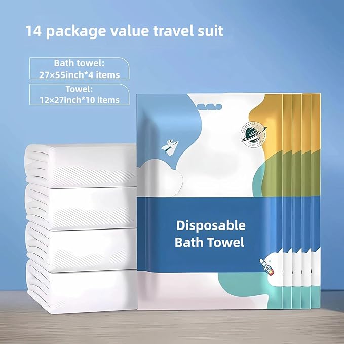 14 Sets Premium Disposable Bath Towel Set with 4 Bath Towels, 10 Towels, Thickened Portable Travel Set, 27*55 inches, Absorbent Soft Towels, Suitable for Camping, Beach Swimming, Traveling