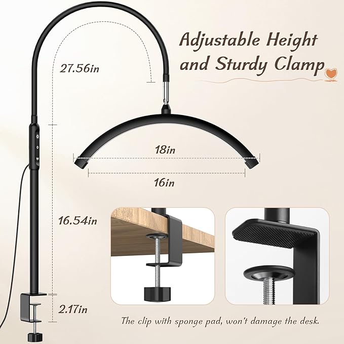 Half Moon Light with Clamp, LED Manicure Table Lamp, Desk Lamp for Nail Desk, Eyelash Extensions, Skincare and Tattoo, 5 Brightness Levels and 5 Color Modes, Remote Control (Black)