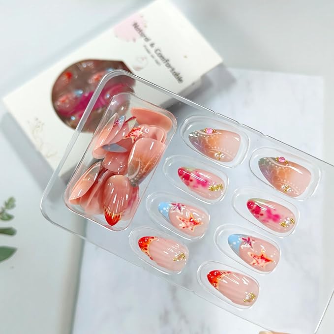30Pcs Summer Press on Nails French Tip Medium Almond Fake Nails with 3D Starfish Designs Summer Beach False Nails Rhinestone Glue on Nail Handmade Full Cover Acrylic Nails for Women