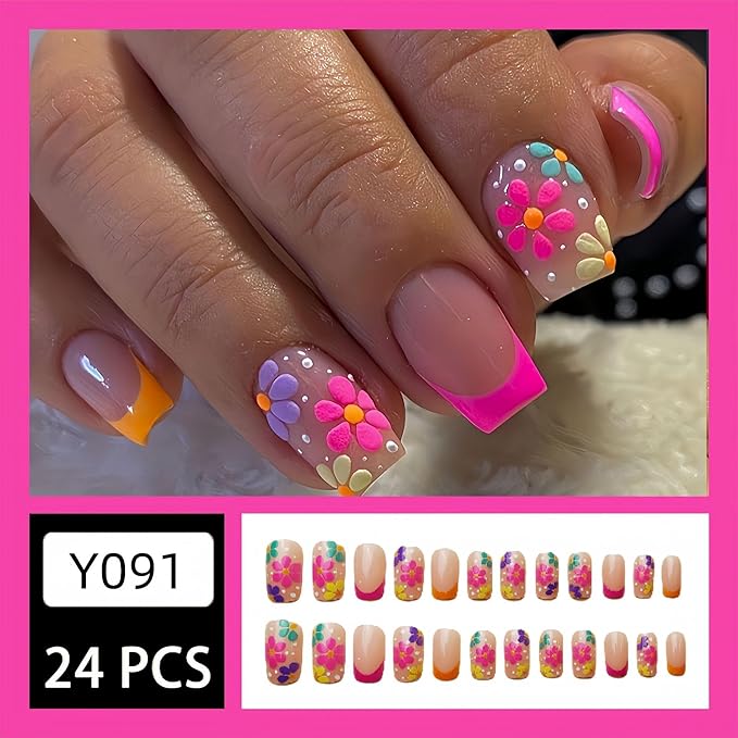 French Tip Press on Nails Short Square Fake Nails Flower Bow False Nails Pink Glossy Full Cover Acrylic Nails Spring Glue on Nail Artificial Cute Stick on Nail for Women Manicure 24Pcs