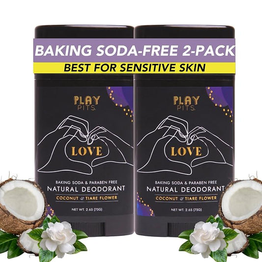 PLAY PITS - 2 Pack - Natural Deodorant - Safe for Men & Women w/Sensitive Skin - Clean, Non-Toxic, & Paraben Free – LOVE Scent - Infused w/Essential Oils – 2.65 Oz.