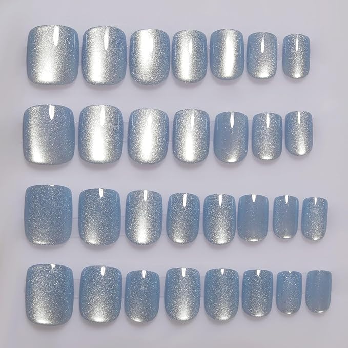 Light Blue Press On Nails Square – Short Cat Eye Fake Nails with Color-Shifting Glow, Reusable Stick On Nails, 15 Sizes, 30 Nail Kit with Glue, Thick Glue On Nails for Women, M2-Aurora Mist