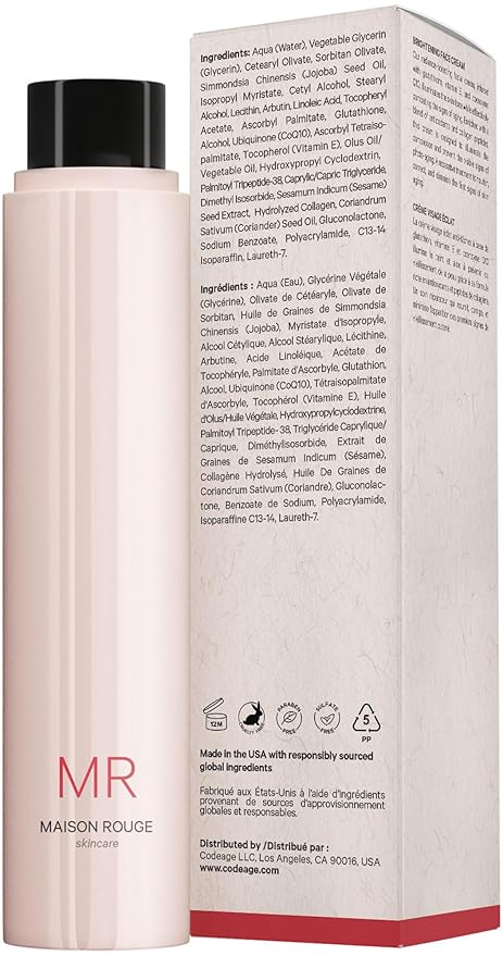 Codeage Maison Rouge Brightening Face Cream Refill Glutathione Cream, Collagen Peptides, Vitamin E, CoQ10 – Radiance & Antioxidant Complex – Paraben and Sulfates Free – Skin Care - 1.7 fl oz