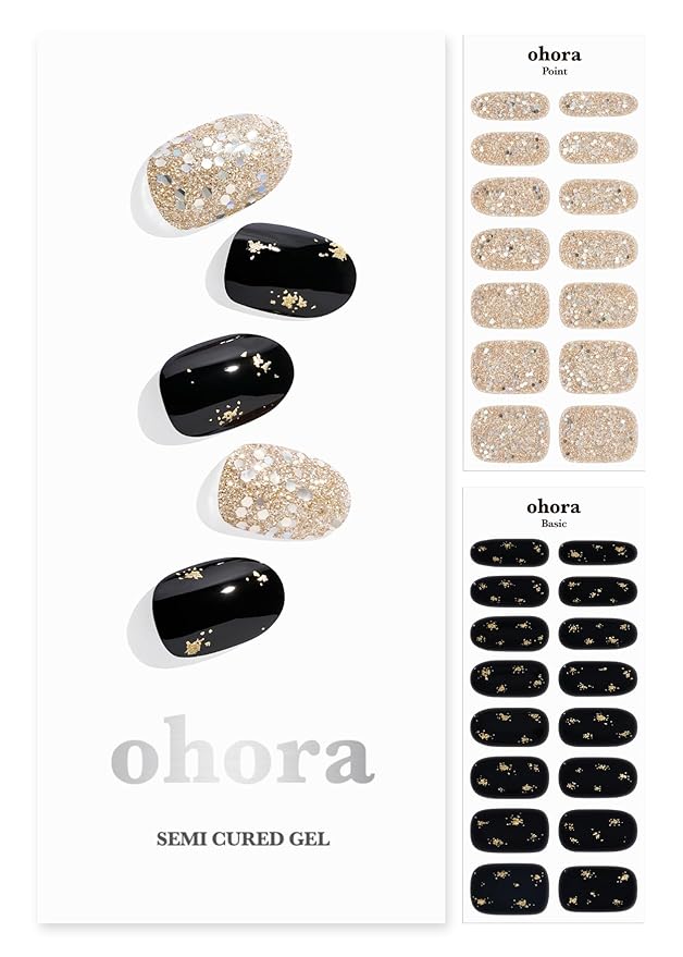 ohora Semi Cured Gel Nail Strips (N Dazzling Night) - Black, Glitter, Works with Any UV/LED Lamps, Salon-Quality, Long Lasting, Easy to Apply & Remove - Includes 2 Prep Pads, Nail File & Wooden Stick
