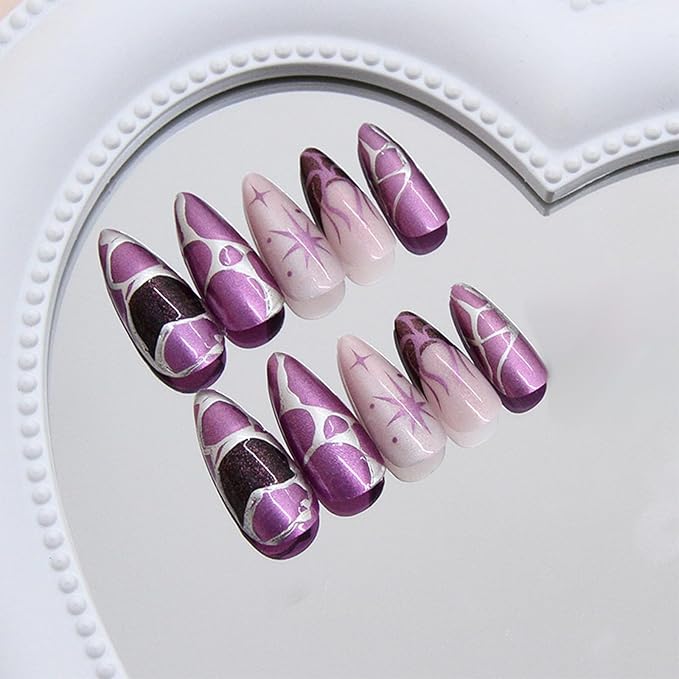 IMRAIN Press on Nails Almond Medium Fake Nails Purple Glue on Nails with Cat's Eye Designs Full Cover Moon Star French Tips False Nails Manicure Y2K DIY Nail Art 24Pcs Glossy Stick on Nails